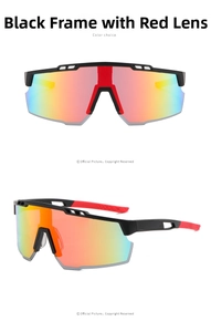 Front and 45-degree views of sport cycling sunglasses with matte black frames and red lenses