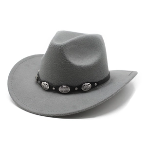 Detail of grey wool cowboy hat featuring a black leather band with silver metal conchos