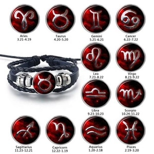 Collage of leather constellation bracelets featuring 12 zodiac glass gems and metal charms