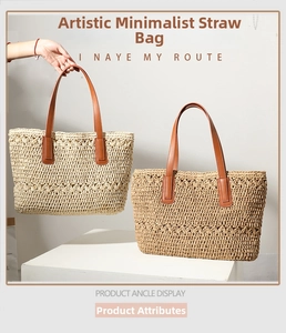 Detail of hollow woven straw bag with premium brown leather straps for beach vacation
