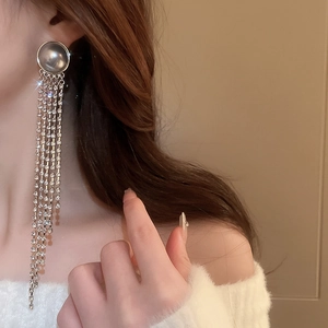 Elegant long silver tassel earrings with imitation pearls and sparkling zircons for women
