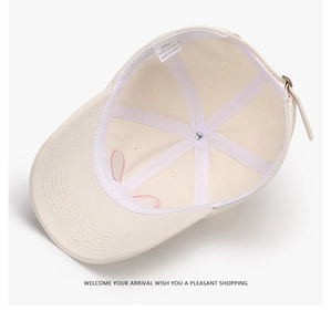 Detail of cotton baseball cap interior featuring breathable sweatband and metal buckle