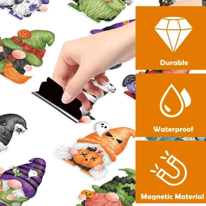 Detail of durable and waterproof Halloween gnome magnets showing magnetic material back