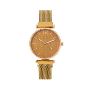 Detail of Milanese mesh gold watch band with magnetic closure and leaf pattern dial