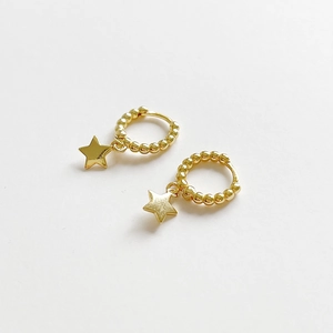 Minimalist S925 sterling silver gold beaded hoop earrings with star pendant detail