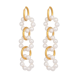 Elegant 18K gold plated stainless steel hoop earrings with white pearl drop pendants