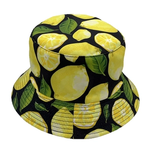 Black bucket hat with all-over yellow lemon print for sun protection and outdoor style