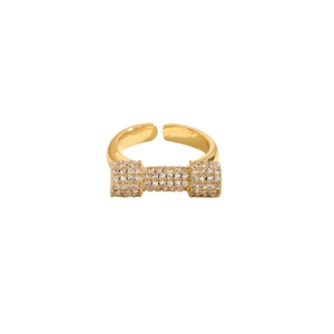 Luxury gold adjustable ring with geometric dumbbell design and paved white zircon stones