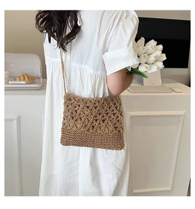 Detail of hand-woven hollow flower pattern on light brown straw crossbody beach bag