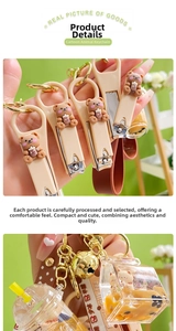 Detail of cartoon bear keychain featuring nail clipper function and fluid milk tea cup