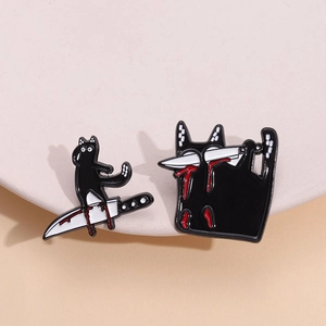 Punk Black Cat With Knife Enamel Brooch Alloy Animal Skeleton Skull Badge Gothic Jewelry Ornament For Backpack Clothing