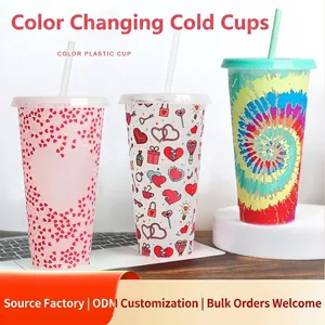 710ml Halloween cold-sensitive color changing plastic straw cup set with heart patterns