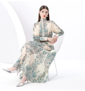 Detail of vintage floral print maxi dress with stand collar and lantern sleeves
