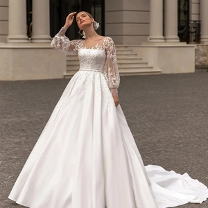 Bridal Wedding Dress White Satin Long Sleeve Lace Mesh V Neck Backless Big Train Elegant Luxury Formal Gown