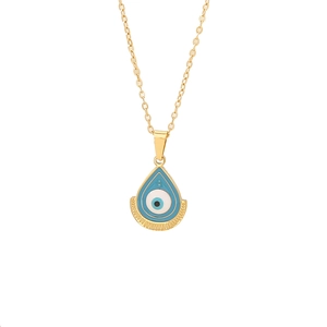 Gold evil eye necklace with blue enamel teardrop pendant on a fine link chain