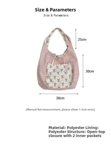 Pink checkered tote bag size diagram showing 38cm width, 30cm height and polyester material