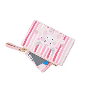 Cute pink striped mini coin purse with cartoon cow pattern and wrist strap