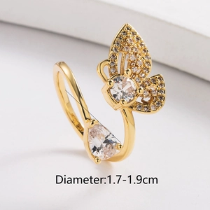 Elegant gold-plated butterfly open ring with sparkling white zircon stones for women