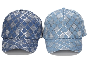 Two denim baseball caps in dark and light blue with silver sequin diamond patterns