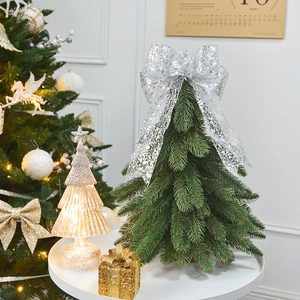 Christmas tree tabletop decor set with large silver sequin bow and glowing golden gift box