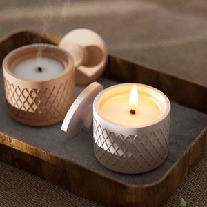 Pots à bougies style européen avec texture diamant, mèche en bois et couvercle assorti