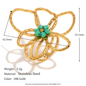 18K gold plated stainless steel flower ring with turquoise bead and size dimensions