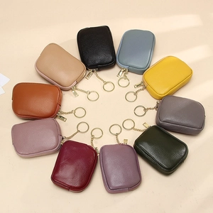 Genuine leather mini coin purses with lychee texture and keychains in various colors