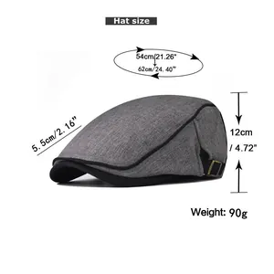 Size chart for cotton newsboy hat showing head circumference, brim, and depth details