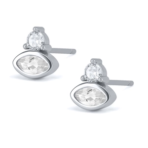 Close-up of S925 silver stud earrings with marquise-cut stones and tiny round diamonds
