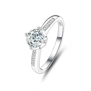 Classic S925 sterling silver moissanite engagement ring with side stones on white background