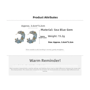 Detail view of light blue aquamarine beaded C-shaped earrings with dimension measurements
