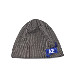 Grey knit beanie with AE blue label and elastic cord detail for autumn and winter