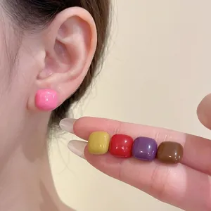 Colorful square resin stud earrings set in vibrant candy tones for elegant women
