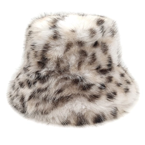 Detailed close-up of plush faux fur texture on leopard print bucket hat for women