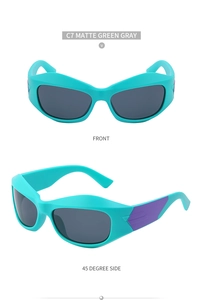 Front and 45-degree side view of matte mint green sporty Y2K sunglasses with grey lenses