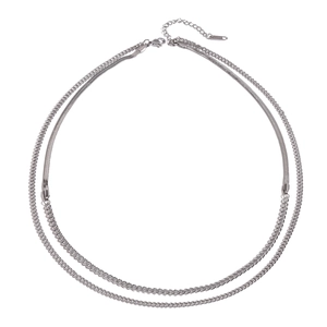 Double-layered stainless steel silver necklace featuring snake and curb chain design