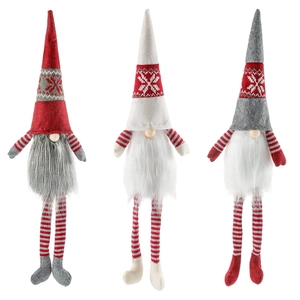 Three Nordic Christmas gnomes with long legs and striped hats in red, gray and white colors