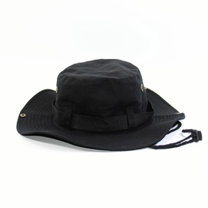 Tactical black outdoor boonie hat with wide brim, chin strap and metal air vents