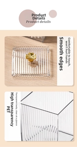 Detail view of transparent PET storage box with smooth edges and vertical stripes