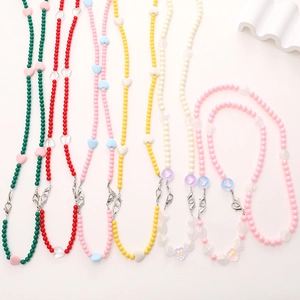 Beaded Phone Lanyard Acrylic Heart Crossbody Strap Detachable Case Chain Faux Artificial Pearl Flower Decorative Bag Strap