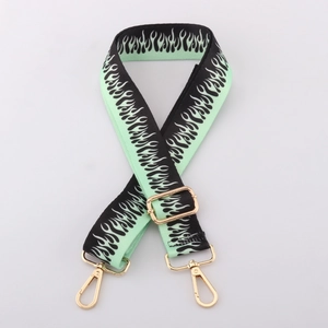 Detail of adjustable 38mm mint green strap with black flame pattern and gold metal hooks