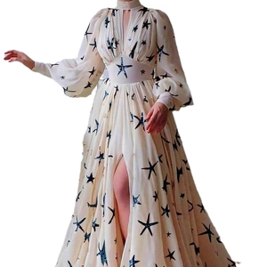 Beige chiffon maxi dress with starfish print, puff sleeves and side split