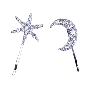 Star and moon hair clip set with sparkling rhinestones on silver metal base