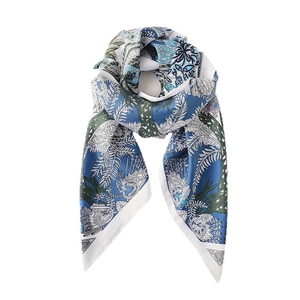 Elegant royal blue floral silk square scarf with green tropical leaf prints on white background