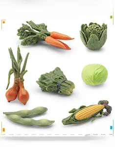 Macro view of detailed 7-piece artificial vegetable set including corn and carrot