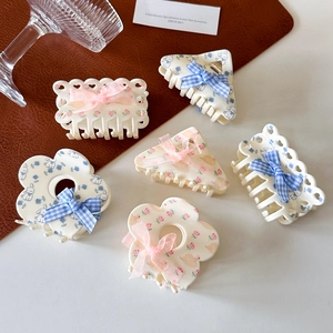 Acrylic Hair Claw Clips Faux Acetate Floral Rabbit Pattern With Fabric Bow Sweet Cute Aesthetic For Women Girls