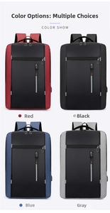Opzioni colore per zaino business con porta USB in rosso, nero, blu e grigio