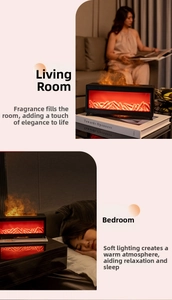 Detail of humidifier with realistic flame LED effect in living room and bedroom settings