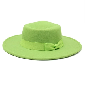 Flat brim neon green wool felt fedora hat with matching ribbon for women