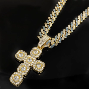 Gold hip hop cross pendant with blue stones and Cuban link chain for men and women